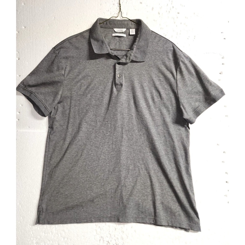 Calvin Klein Polo Shirt Men XL Gray Logo Short Sleeve Collared Quarter Buttons